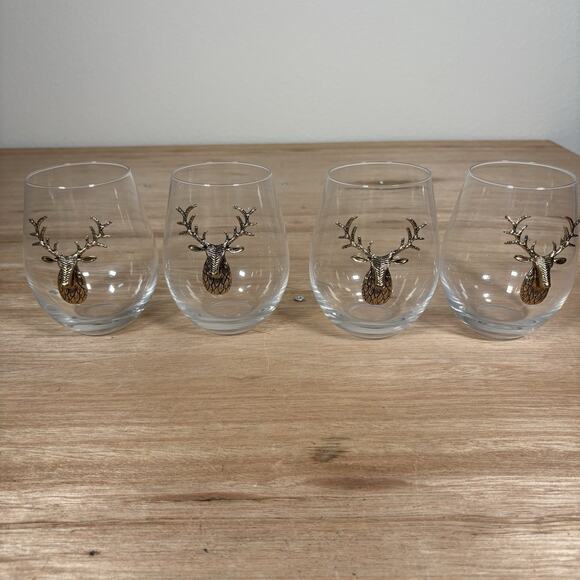 Stemless Wine Glass Other - Brass Deer Embellished Stemless Wine Glasses 3D Buck~Set of 4
